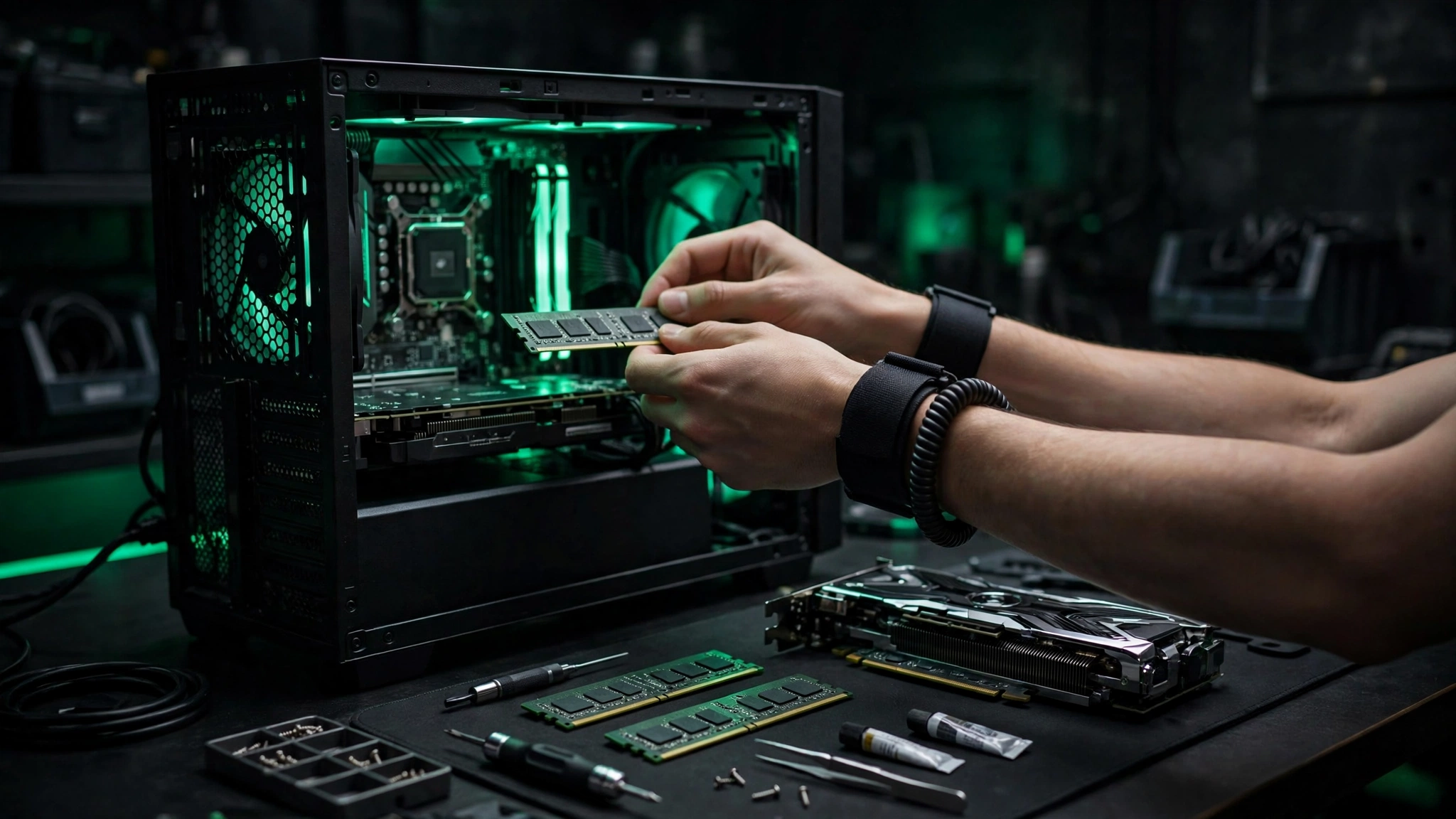 A custom PC being upgraded at the Grind Tech bench